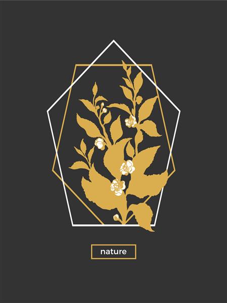 الگوی مدرن با دعوت از طرح طلایی و مشکی کارت طبیعت نمادی از دسته گل چای با شاخه برگ و گل شکل بروشور شیک مد روز با هندسی از شش ضلعی تصویر برداری