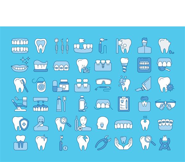 مجموعه گرافیکی برداری نمادهایی در طراحی مسطح کانتور نازک و خطی خدمات دندانپزشکی درمان بیماری مشکل ابزار بازسازی نمادهای جدا شده ساده مفهوم تصویرگری وب نشانه نماد