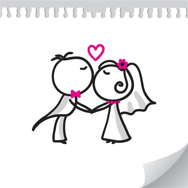 زن و شوهر عروسی کارتونی روی ورق کاغذ واقع گرایانه