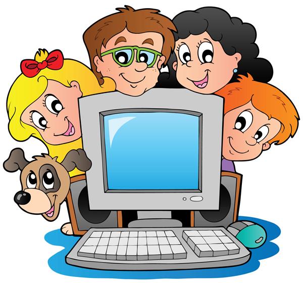 رایانه با بچه های کارتونی و سگ - تصویر برداری