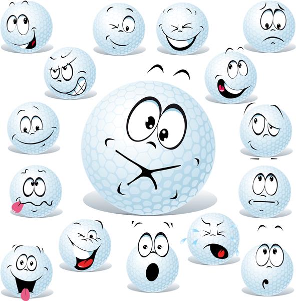 کارتون وکتور توپ گلف جدا شده روی سفید با بسیاری از حالات چهره