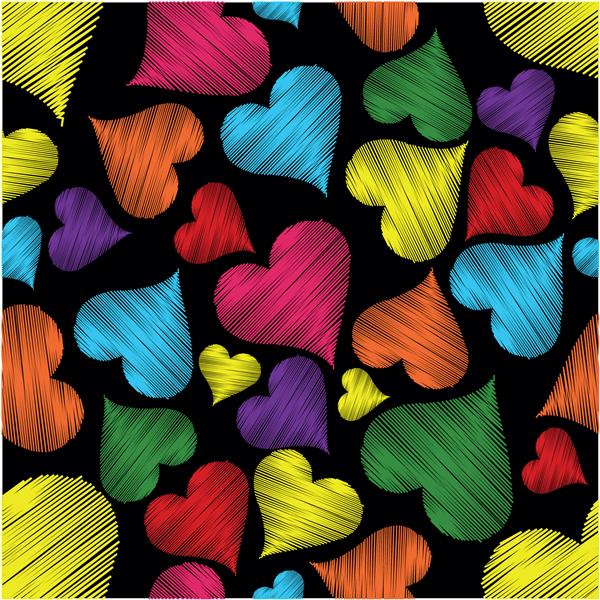 الگوی یکپارچه با قلب های رنگارنگ با بافت خط در زمینه سیاه برای روز ولنتاین