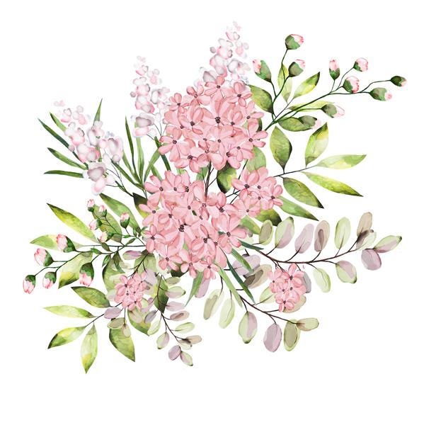 نقاشی آبرنگ شاخه با برگ و گل تصویر گیاه شناسی چیدمانی از گلهای صورتی و برگهای رنگارنگ