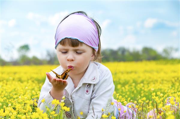دختر کوچک ناز در مزرعه ای از گلهای زرد زیبا که پروانه ای را روی کف دست ها نگه داشته و روی آن دمیده است