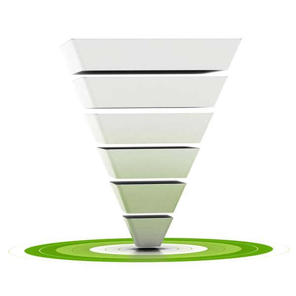قیف فروش با شش مرحله به راحتی قابل تنظیم با اشاره به یک هدف سبز می تواند به عنوان یک قیف بازاریابی نمودار بیش از زمینه سفید استفاده شود