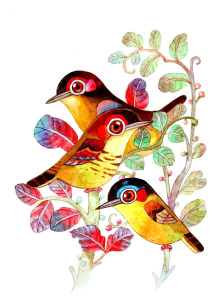 سه پرنده در جنگل طراحی تصویر زیبا و رنگارنگ برای تصویر زمینه زمینه تصویر زمینه کارت تبریک تصویر نقاشی آبرنگ نقاشی