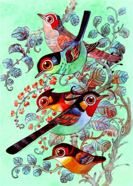 پنج پرنده در جنگل های بارانی طراحی تصویر زیبا از شخصیت برای هر خانواده پس زمینه تصویر زمینه کارت پستال کارت پستال تصویر کتاب نقاشی آبرنگ تصویر نقاشی