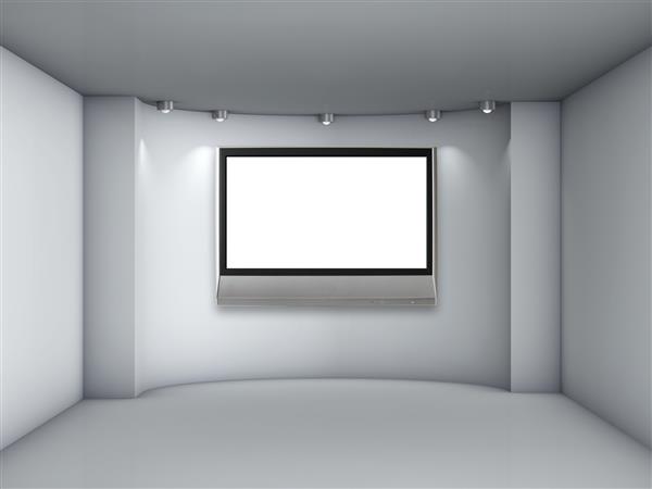 طاقچه خالی سه بعدی با نورافکن و تلویزیون LCD برای نمایش در فضای داخلی خاکستری