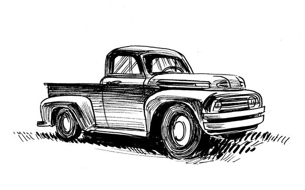 نقاشی سیاه و سفید جوهر یک کامیون قدیمی آمریکایی
