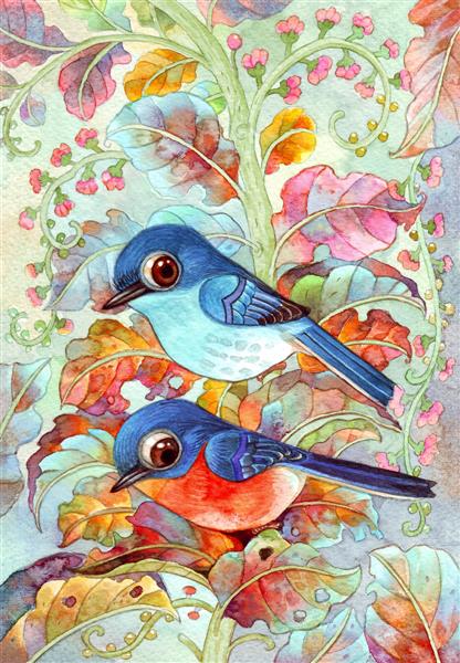 پرنده های آبی در جنگل های رنگارنگ طراحی زیبا تصویر شخصیت برای دکوراسیون پس زمینه کتاب تصویر کارت پستال کارت پستال تصویر نقاشی آبرنگ نقاشی