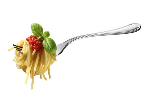 اسپاگتی اشتها آور روی چنگال با سس معمولی ایتالیایی غلتید