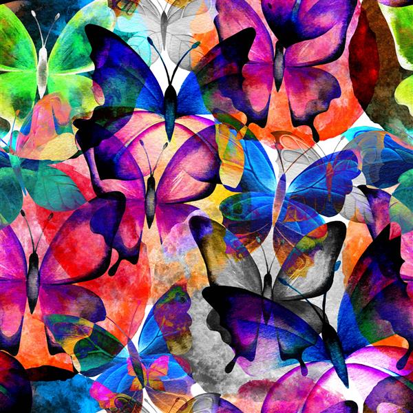 پس زمینه آبرنگ بدون درز روی کاغذ بافت پروانه های چند رنگ های اشباع روشن چند لایه انتزاع مفهوم برداشت