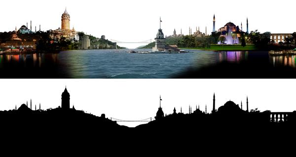 آسمان استانبول با تمام ساختمانها و جاذبه های مهم شهر - ترکیب عکس با ماسک شبح آلفا مربوطه