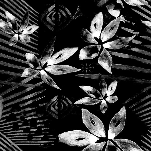 آبرنگ الگوی بدون درز گل عناصر تقریباً نقاشی شده گلهای تصادفی نوارها لکه ها قطره ها چکیده الگوی سیاه و سفید دکوراسیون داخلی پارچه هندسی بدون درز چاپ بوهو