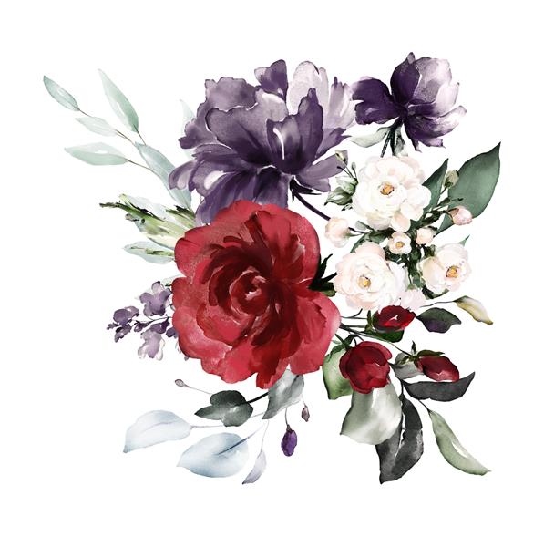 آبرنگ گل بورگوندی تصویر گل برگ و جوانه ها ترکیب گیاه شناسی برای عروسی کارت تبریک شاخه گل - گلهای انتزاعی