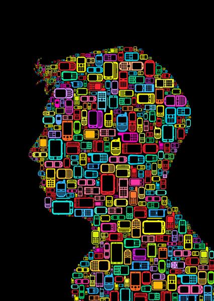 نیمرخ نمایه مردی که با تلفن های همراه و تلفن های هوشمند در پس زمینه سیاه ساخته شده است