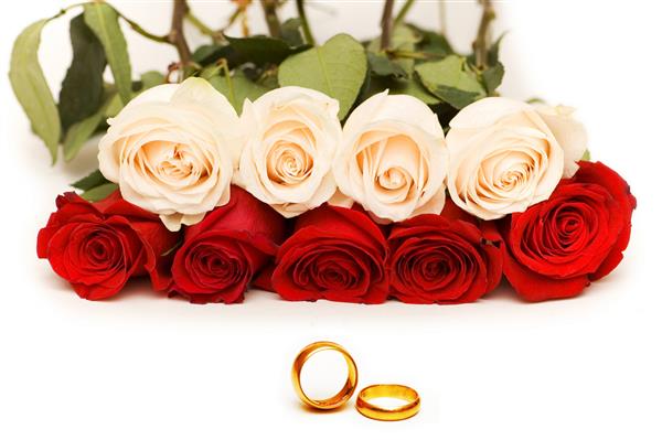 مفهوم عروسی با گل های رز و انگشترهای طلایی