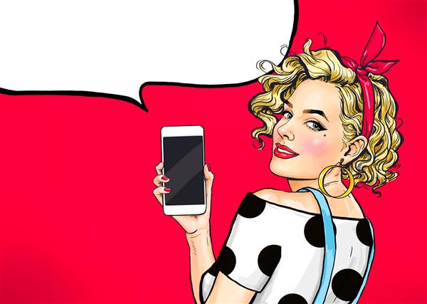دختر جذاب با تلفن در دست به سبک طنز زنی که تلفن هوشمند در دست دارد تبلیغات دیجیتال مدل زن که پیام یا برنامه جدید را روی تلفن همراه نشان می دهد