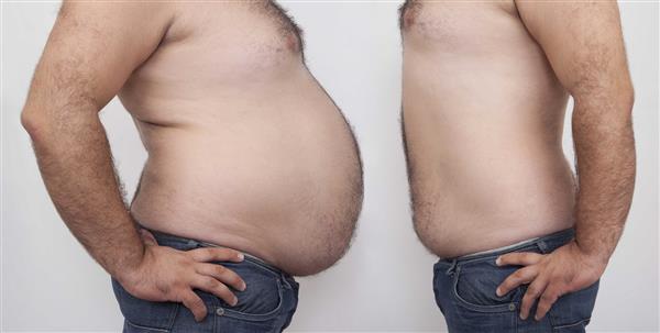 مرد چاق و لاغر در پس زمینه خاکستری روبروی یکدیگر - قبل و بعد از رژیم