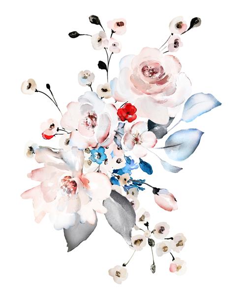 گلهای آبرنگی با گلهای قرمز آبی سفید تصویر با برگ و جوانه ترکیب گل گیاهان برای عروسی کارت تبریک شاخه گل - گلهای انتزاعی