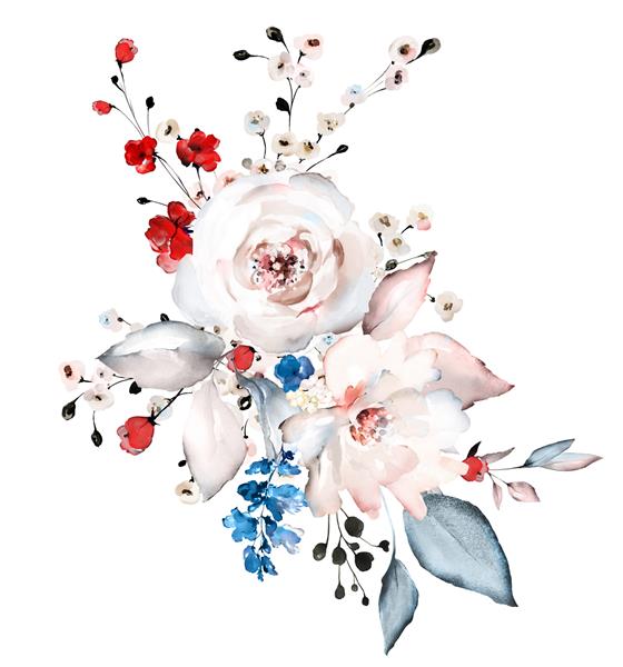 گلهای آبرنگی با گلهای قرمز آبی سفید تصویر با برگ و جوانه ترکیب گل گیاهان برای عروسی کارت تبریک شاخه گل - گلهای انتزاعی