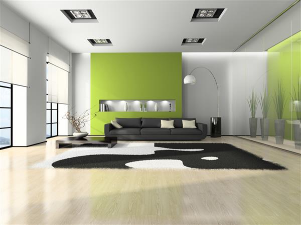 فضای داخلی مدرن با مبل و فرش سفید سه بعدی