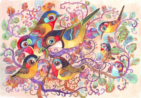 غذای خانواده پرندگان رنگارنگ تصویر نقاشی آبرنگ دست ساز برای تصویر سازی پرندگان تصویر کتاب کودکان الگو دکوراسیون پس زمینه