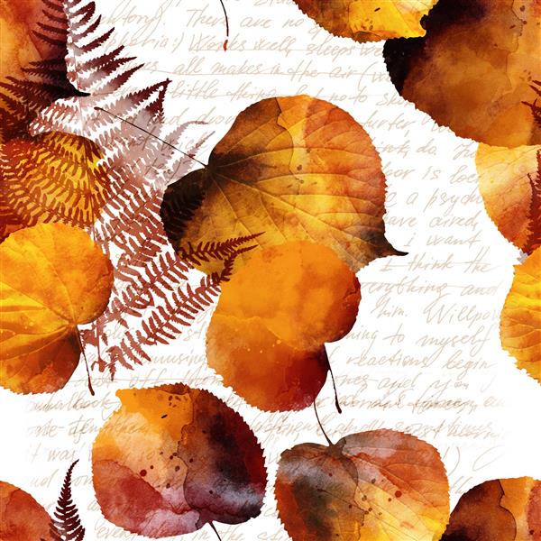 الگوی دفترچه بدون درز کلمات برگها پاییزی گیاهان کاغذ و رنگ آثار هنری ترکیبی نقاشی بی پایان برای دکوراسیون و طراحی پارچه