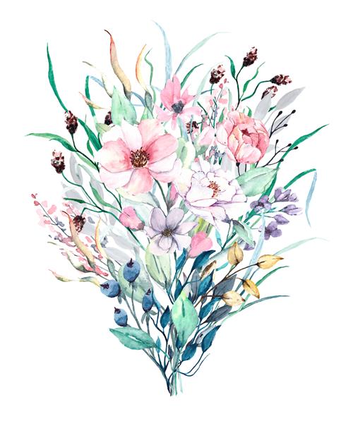 آبرنگ گلها و برگهای وحشی نقاشی دستی با تصویر گل جدا شده روی یک زمینه سفید برای کارت تبریک تزئین دعوت نامه عروسی هنر دیوار طرح بنر
