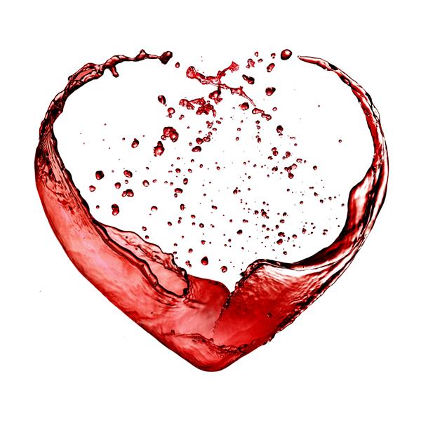 قلب روز ولنتاین ساخته شده از چلپ چلوپ شراب قرمز جدا شده بر روی زمینه سفید