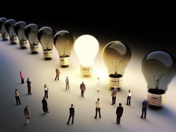 لامپ های پشت سر هم با یک روشن گروه بزرگی از افراد با چند حرکت به سمت نور هدایت بسته ابتکار ابتکار عمل برجسته مفهوم جمعیت