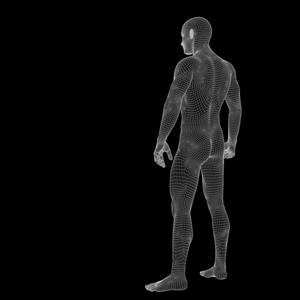 مفهوم با وضوح بالا یا یک مرد یا مرد سه بعدی مفهومی که به عنوان استعاره ای از آناتومی بدن زیست شناسی پزشکی عضلات مش عضلات آناتومیک علوم آموزش ورزش یا اشعه ایکس در پس زمینه سیاه قرار دارد