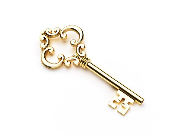 کلید اسکلت طلایی که روی زمینه سفید قرار دارد