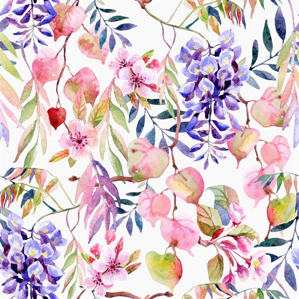 زمینه هنری فصل بهار گل آبرنگ گل ویستریا شکوفه ساکورا شاخه های درخت برگ های رنگارنگ الگوی بدون درز گل تصویرگری با دست