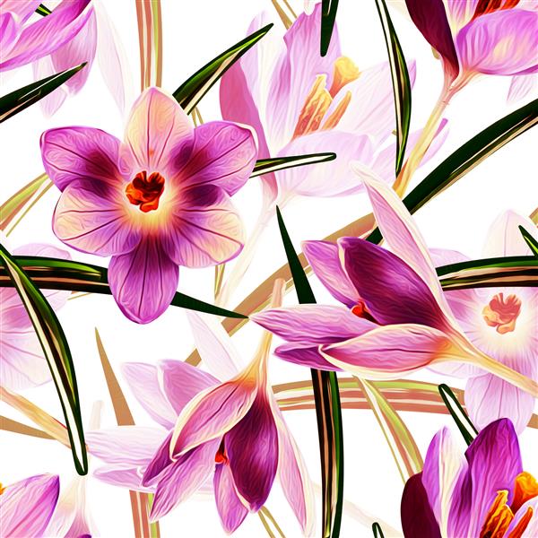 تصویری از الگوی یکپارچه گل کروکوس الگوی گل با دست رنگ آمیزی شده در آبرنگ