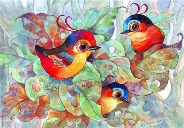 سه پرنده ناز در جنگل دست نقاشی آبرنگ ساخته شده است کاغذ دیواری دکوراسیون طراحی الگو تصویر کارتونی
