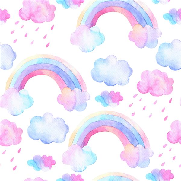الگوی یکپارچه زیبا با رنگین کمان و ابرهای صورتی و آبی با قطرات باران جدا شده روی رنگین کمان آبرنگ سفید و ابرها برای پارچه پارچه