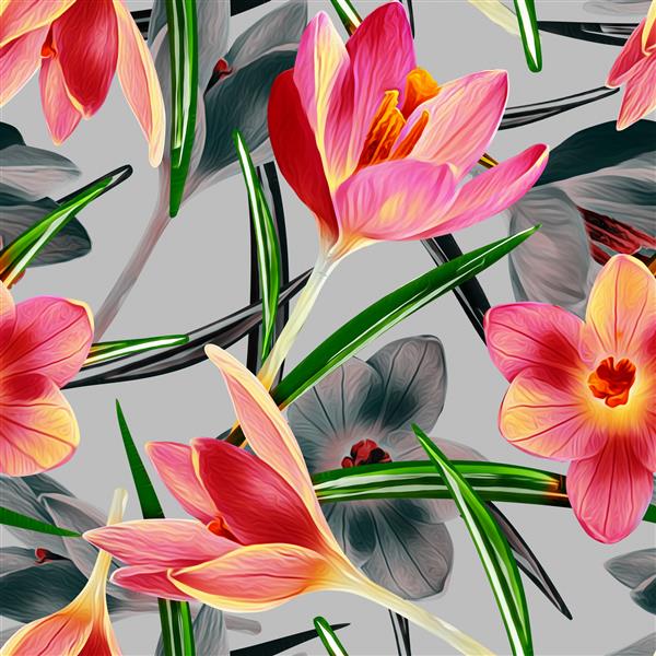 تصویری از الگوی یکپارچه گل کروکوس الگوی گل با دست رنگ آمیزی شده در آبرنگ