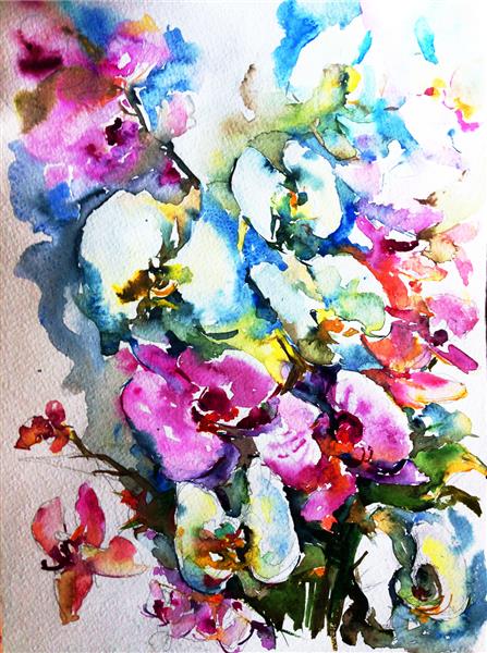 پس زمینه تزئینی رنگی انتزاعی انتزاعی طرح گل دست ساز دسته گل زیبا و زیبا بهاری رمانتیک از گل ارکیده ساخته شده در تکنیک آبرنگ از طبیعت