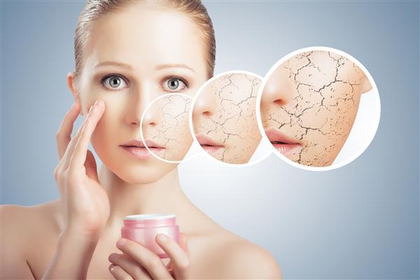 مفهوم اثرات آرایشی درمان و مراقبت از پوست صورت زن جوان با پوست خشک