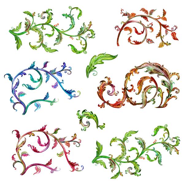 مجموعه رنگارنگ جذاب از فیلیگن اسکرول گل باروک برای طراحی شما نقاشی آبرنگ