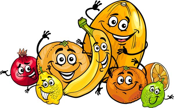 وکتور کارتون گروه شخصیت های غذایی مرکبات خنده دار و میوه های گرمسیری