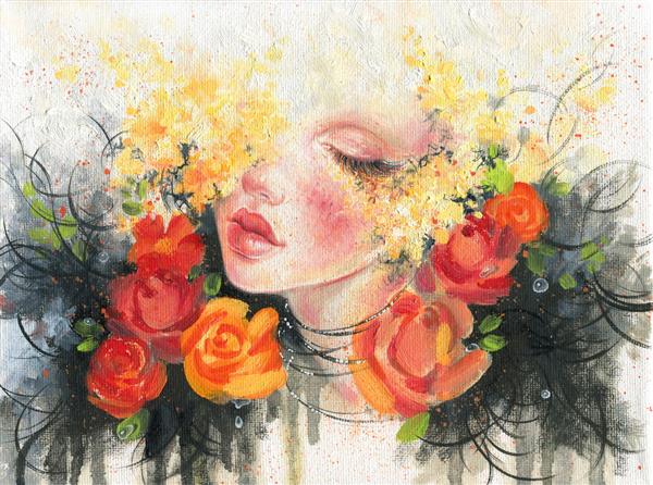 زن زیبا و گل رنگ روغن هنر معاصر
