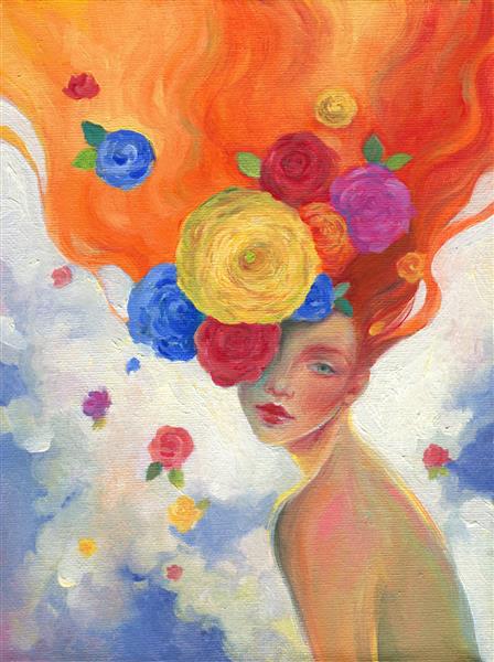 زن زیبا و گل رنگ روغن هنر معاصر