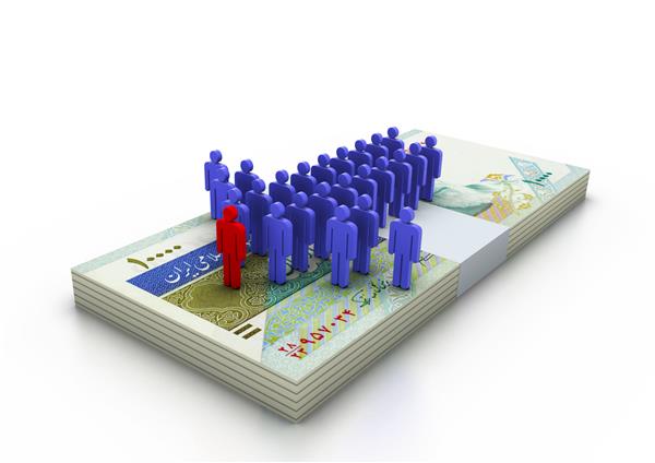 فرد قرمز سه بعدی که بر روی گروه پول پیشرو ایران ایستاده است از افراد سه بعدی آبی جدا شده روی پس زمینه سفید