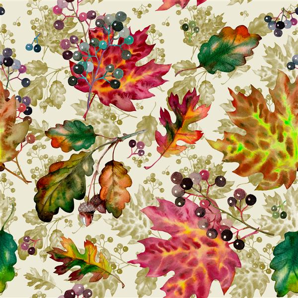 برگ های پاییز الگوی یکپارچه ای دارند نقاشی آبرنگ با دست کشیده شده است برگ های رنگارنگ جدا شده روی سفید تم پاییز مناسب برای دعوت عروسی کارت تبریک پارچه بنر بروشور بسته بندی کادو