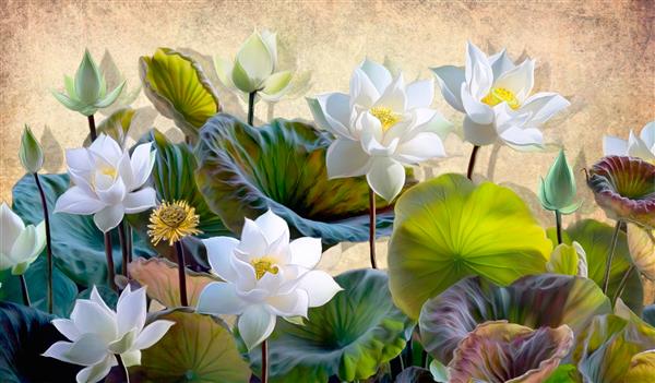تصویر دیجیتالی گلهای شکوفه دار سفید لوتوس با برگ های سبز روی زمینه ای از دیوارهای بژ در زیرانداز تصاویر پس زمینه و نقاشی دیواری برای چاپ داخلی