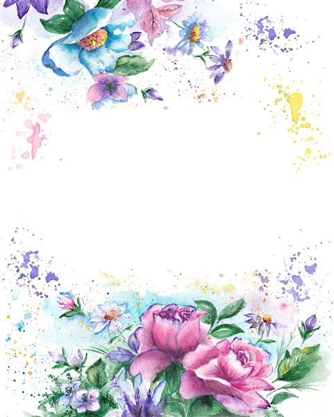 پیش زمینه قاب گل آبرنگ رمانتیک برای کارت دعوت با گل های رز صورتی گل های آبی و چلپ چلوپ رنگ آمیزی با دست
