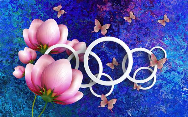 تصویر سه بعدی گلهای نیلوفر آبی صورتی با حلقه های هندسی سفید در زمینه بافت آبی روشن