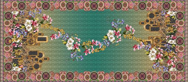 طراحی حاشیه زینت با وضوح بالا قابل چاپ یک ترکیب گل چینی از برگها و گلها با پس زمینه الگوی باروک برای چاپ پارچه و دیجیتال - تصویر
